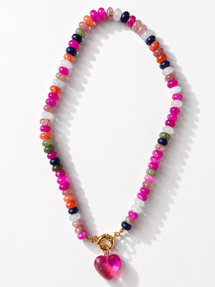 Multi Color Natural Stone Beaded Necklace with Heart Charm - Freckled Poppy