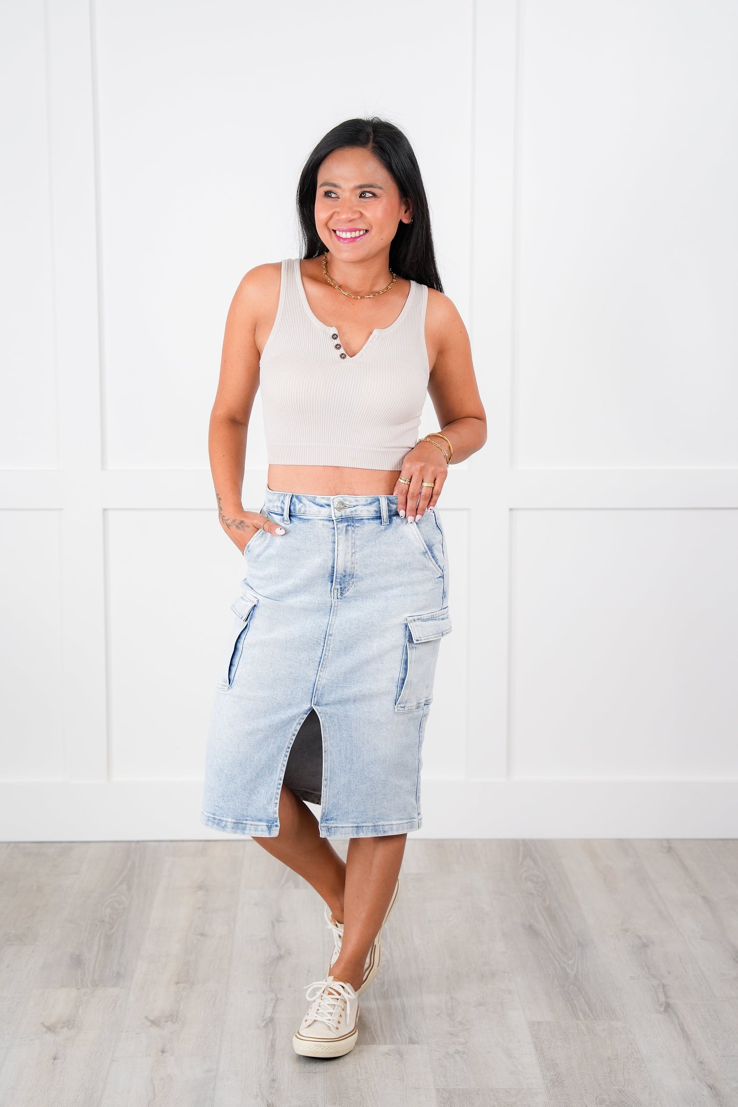 Risen High Rise Light Wash Midi Cargo Skirt