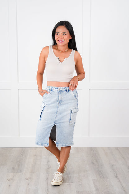 Risen High Rise Light Wash Midi Cargo Skirt