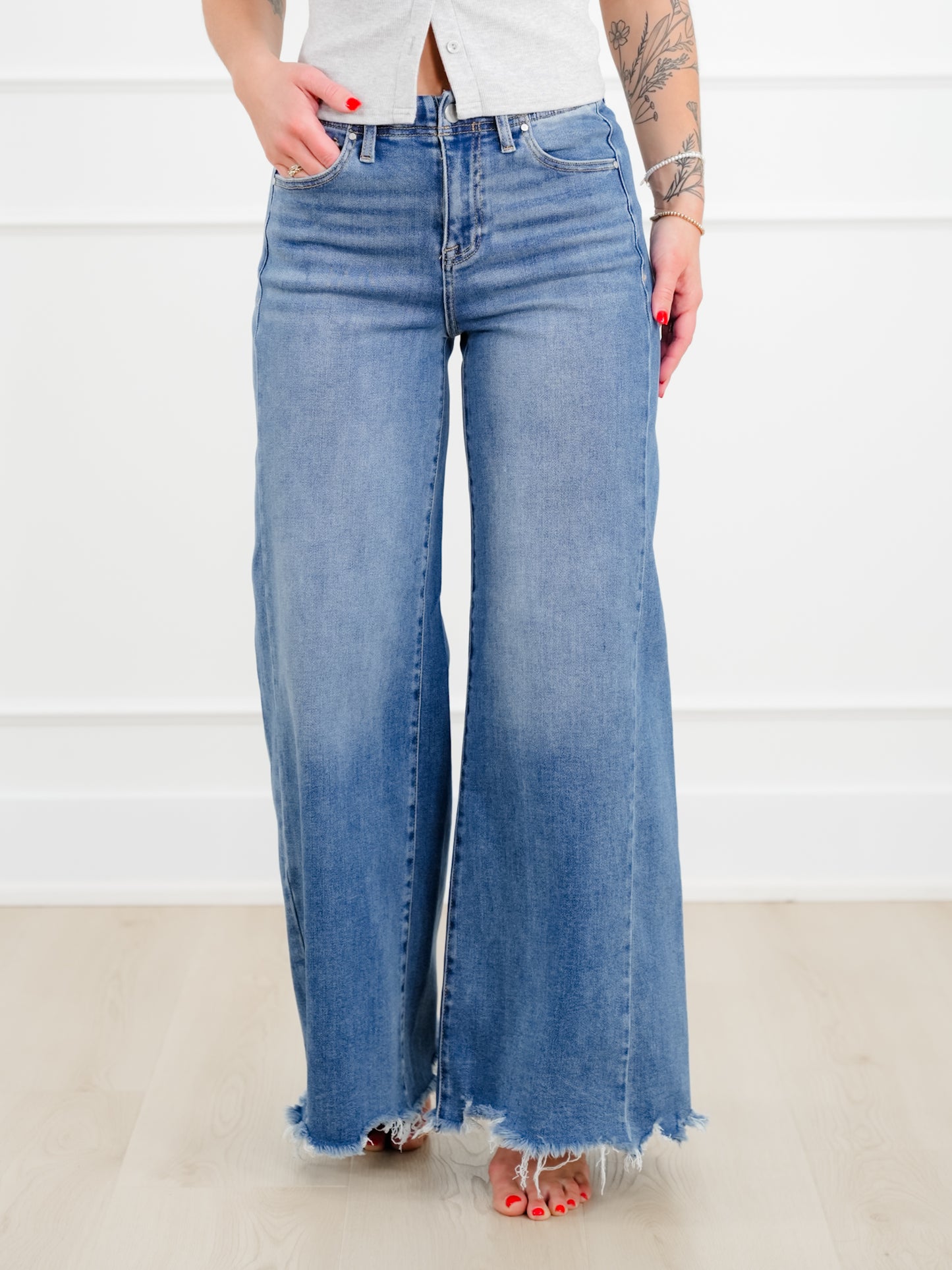 Risen High Rise Medium Wash Wide Leg Jeans