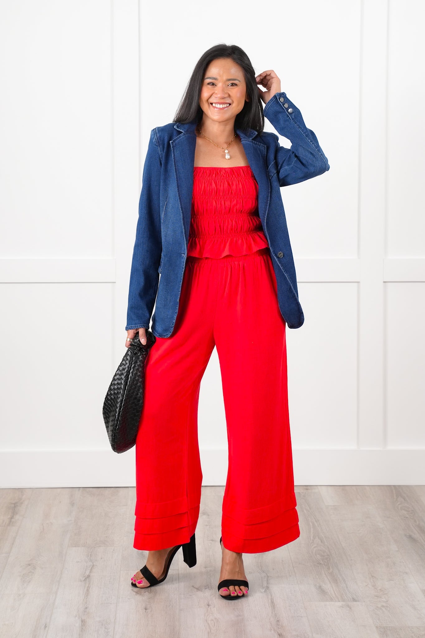 Linen Blend Elastic Waist Ankle Pants with Ruffle Detail