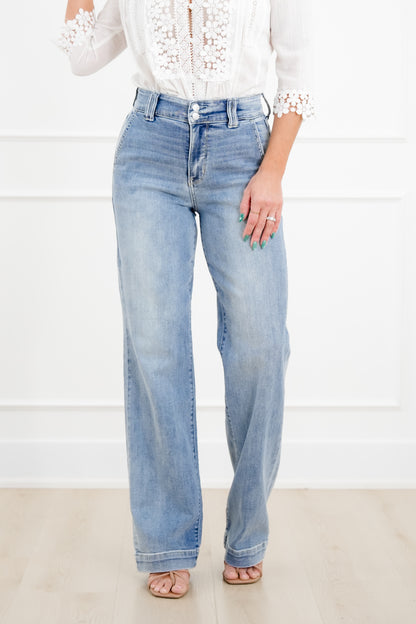 Judy Blue High Rise Light Wash Multiple Inseam Wide Leg Trouser Jeans