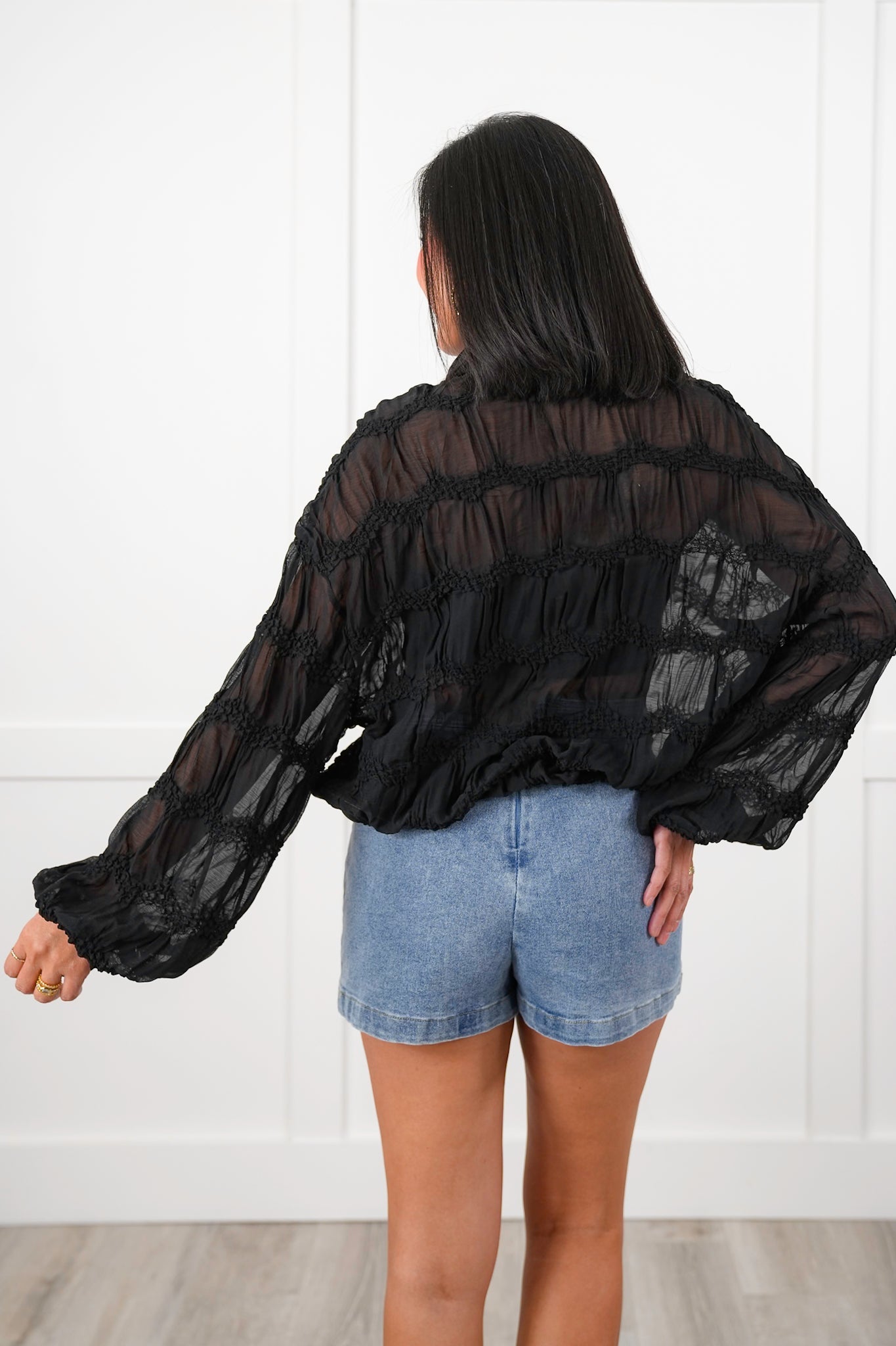 Textured Sheer Long Sleeve Button Down Blouse