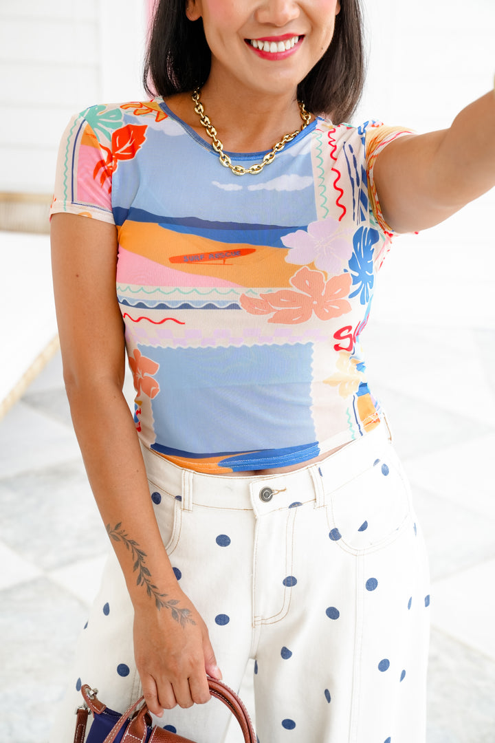 Beach Print Mesh Short Sleeve Baby Tee