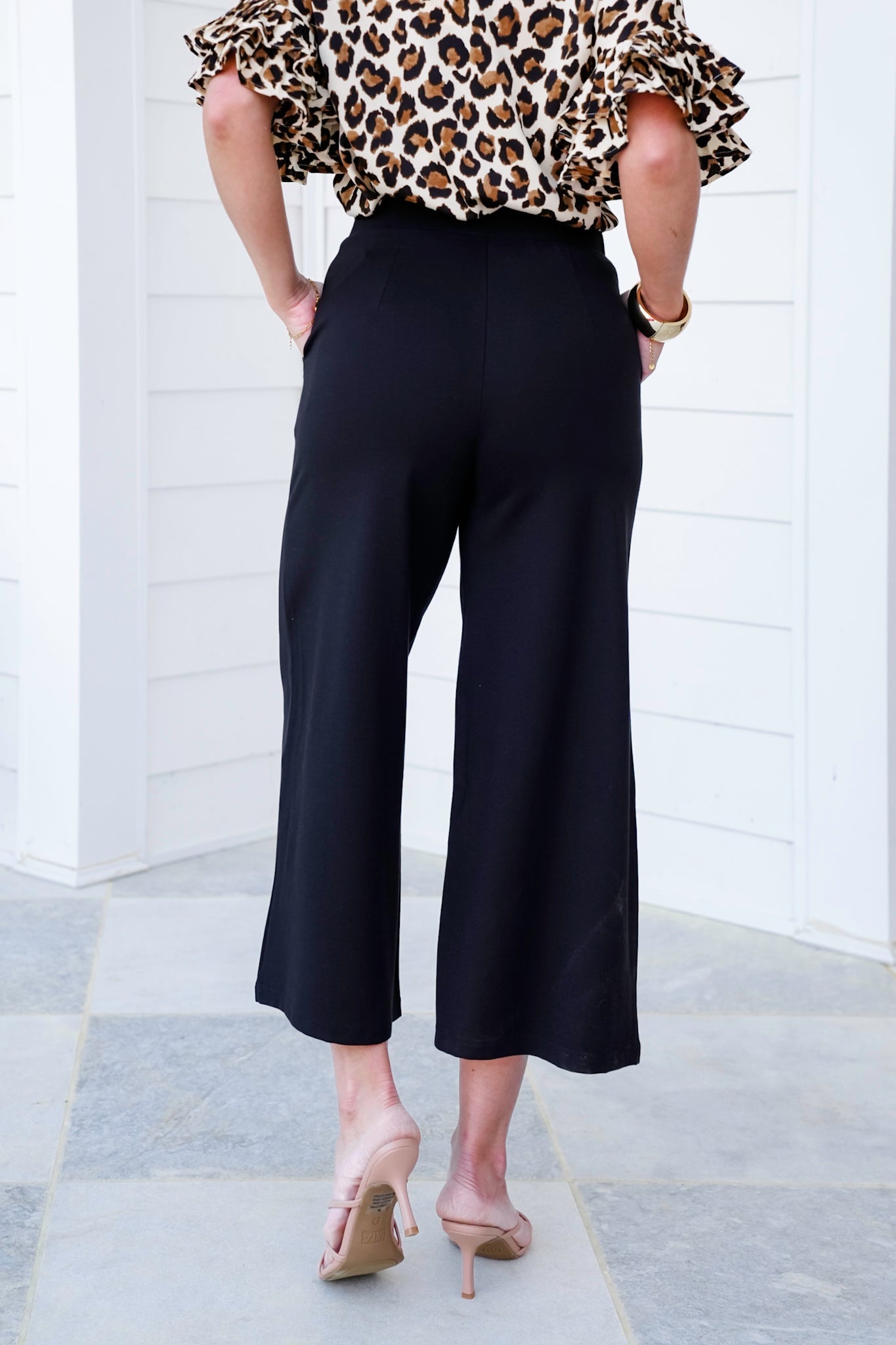 Plus/Reg Black Elastic High Waist Knit Cropped Pants