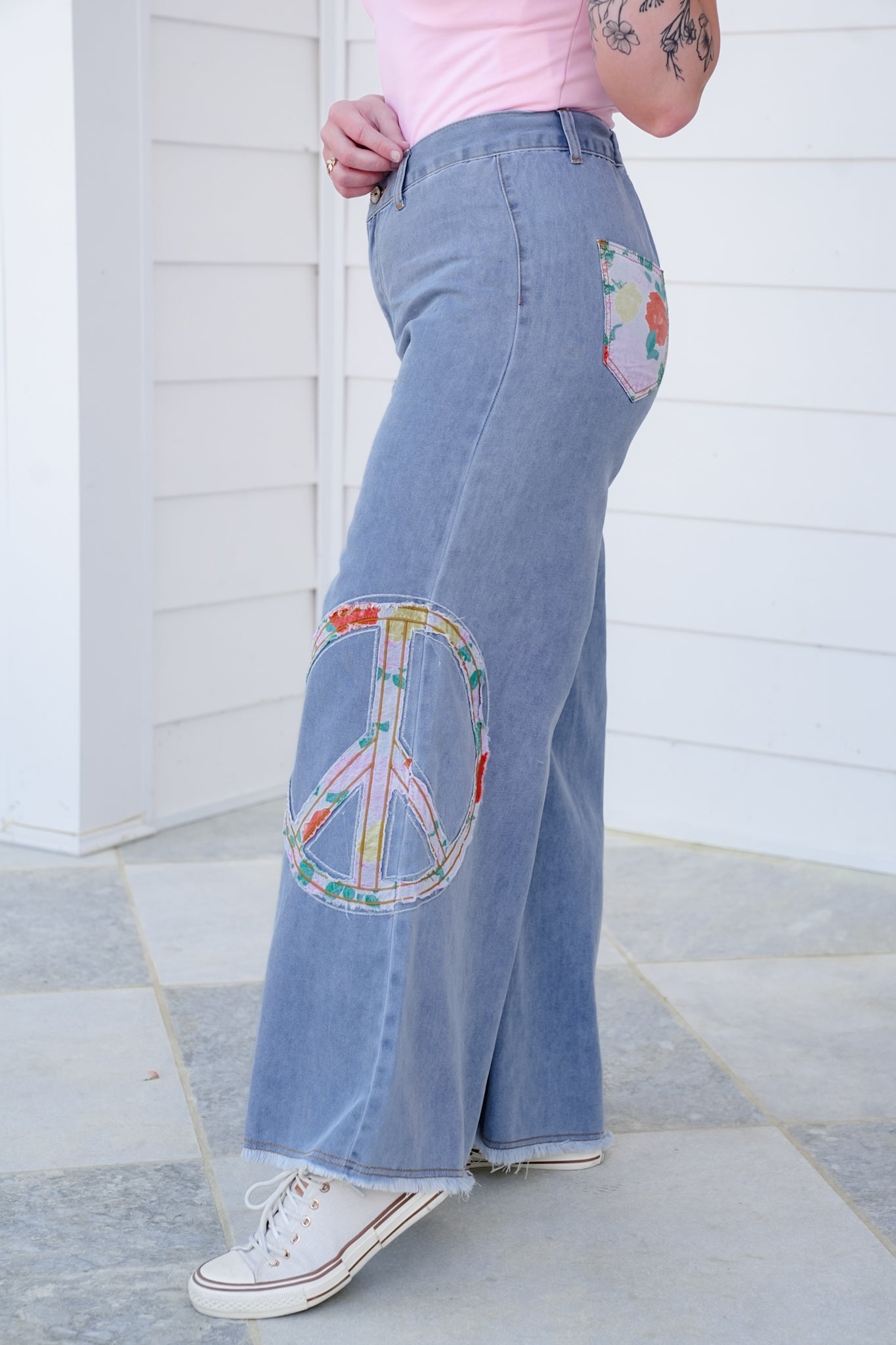 POL Vintage Wash Denim Wide Leg Pants with Peace Sign Patch Detail