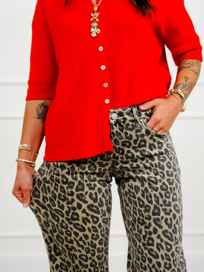 Restock! Risen Mid Rise Leopard Wide Leg Jeans