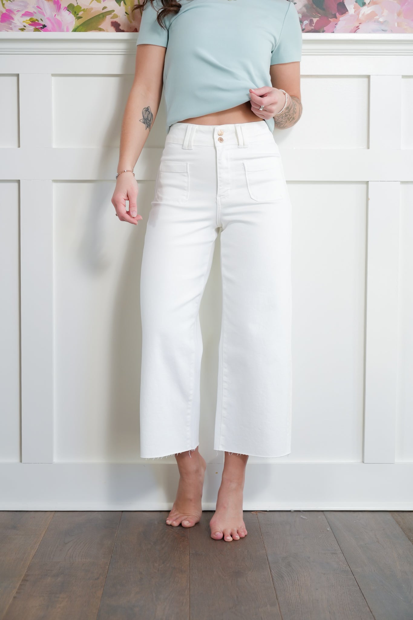 Judy Blue High Rise White Cropped Wide Leg Jeans with Patch Pockets