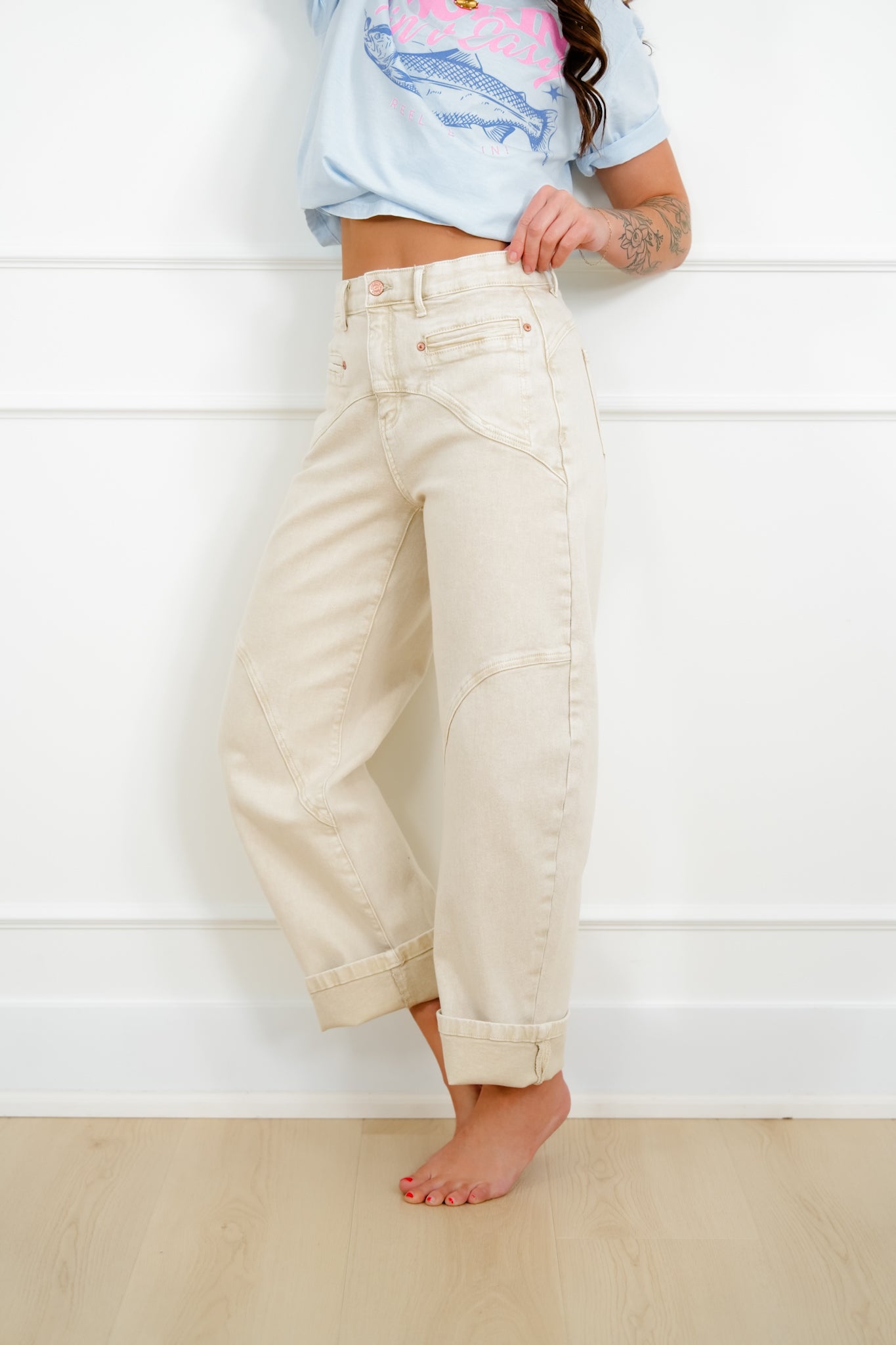 Saige High Rise Beige Tummy Control Barrel Jeans with Elastic Waistband