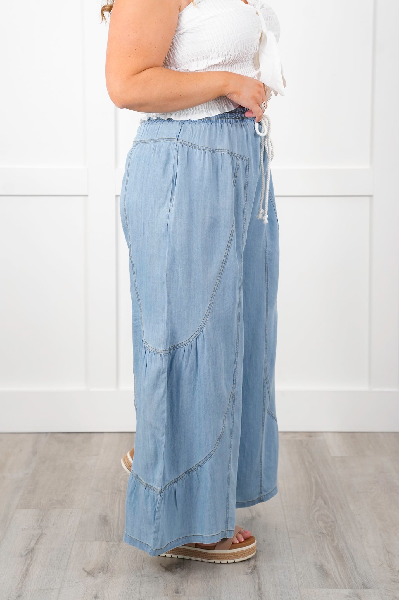 Plus/Reg Chambray Elastic Waist Wide Leg Palazzo Pants