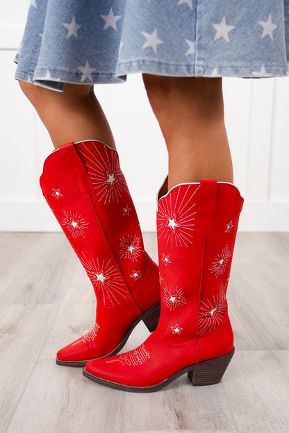 Western Knee High Heeled Boot with Star Cutout Accents