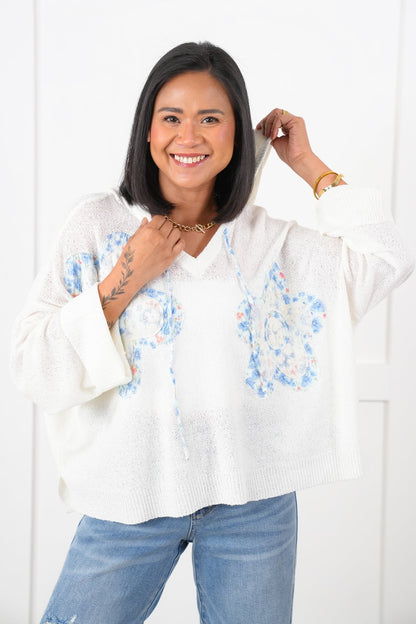 POL Long Sleeve Hooded Sweater with Floral Detail