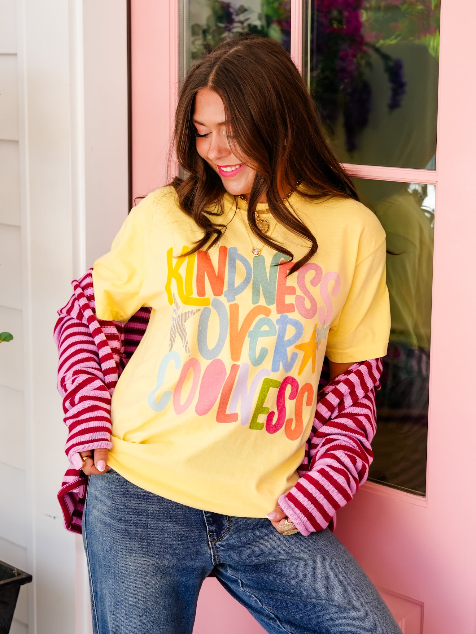 Plus/Reg Short Sleeve "Kindness Over Coolness" Graphic Tee - Freckled Poppy