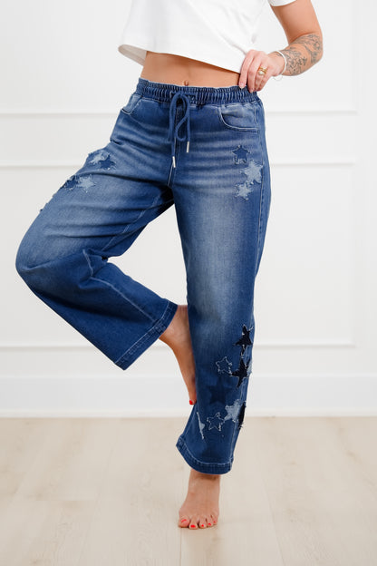 Risen Dark Wash Elastic Waistband Slouchy Barrel Star Patch Jeans