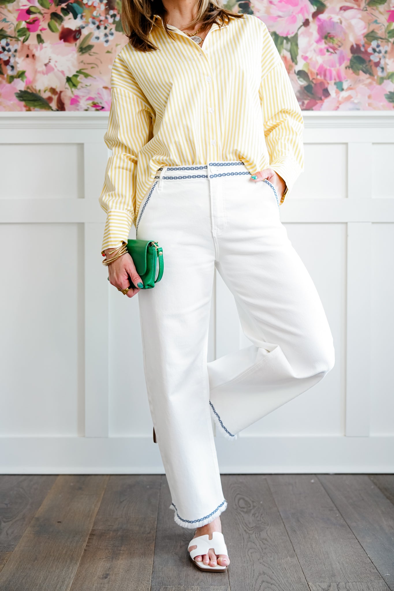 Risen High Rise Cream Tummy Control Embroidered Barrel Jeans