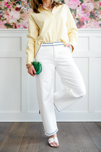 Risen High Rise Cream Tummy Control Embroidered Barrel Jeans