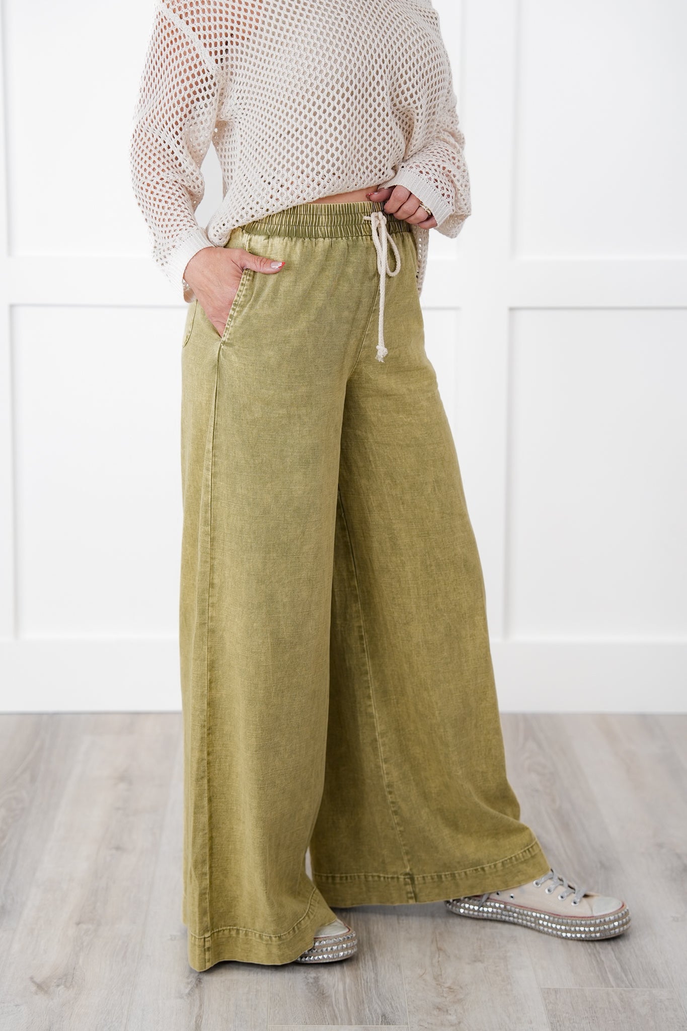 Mineral Wash Elastic Waist Wide Leg Pants (Multiple Colors)