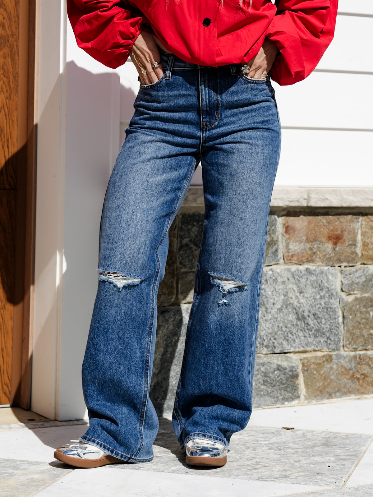 Judy Blue High Rise Medium Wash Rigid Magic Brenda Straight Leg Jeans With Bandana Loop - Freckled Poppy