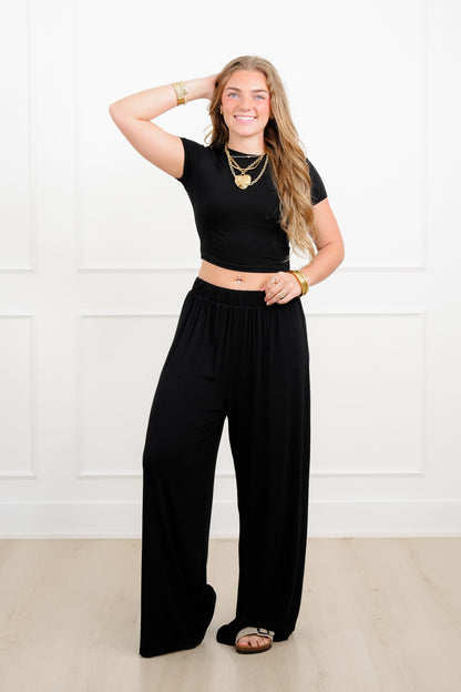 Black Short Sleeve Crop Top with Matching Pants Set