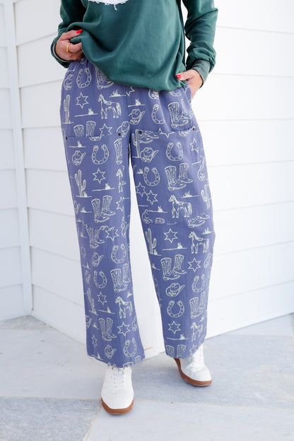 Western Print Pants with Patch Pockets