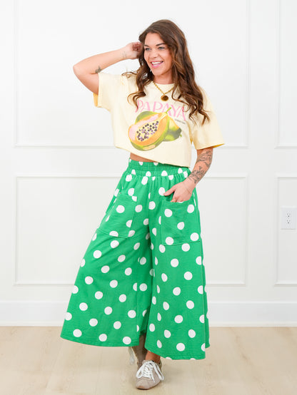 Plus/Reg Green Polka Dot Elastic Waist Wide Leg Pants