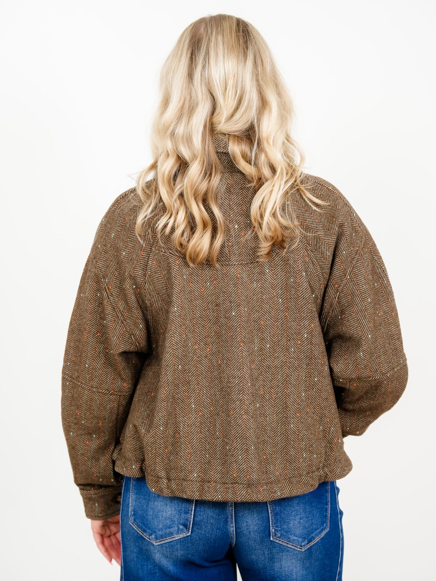 Plus/Reg Herringbone Tweed Zip Up Bomber Jacket