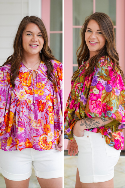 Plus/Reg Tropical Floral Print Dolman Sleeve V Neck Top