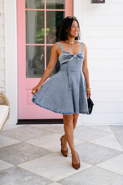 Mineral Wash Sleeveless Dress with Bow Detail
