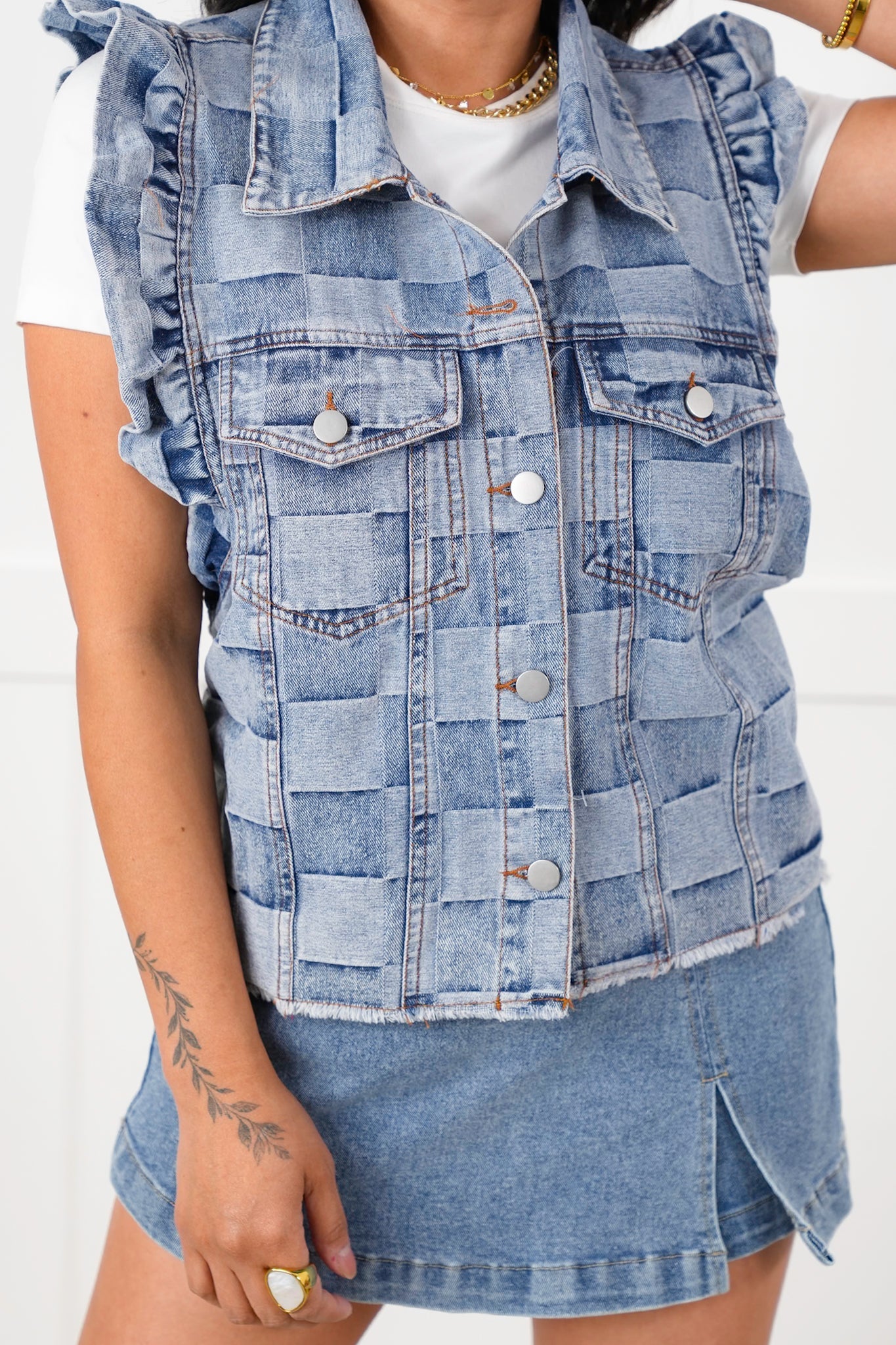Vintage Wash Gingham Button Down Vest with Ruffle Detail
