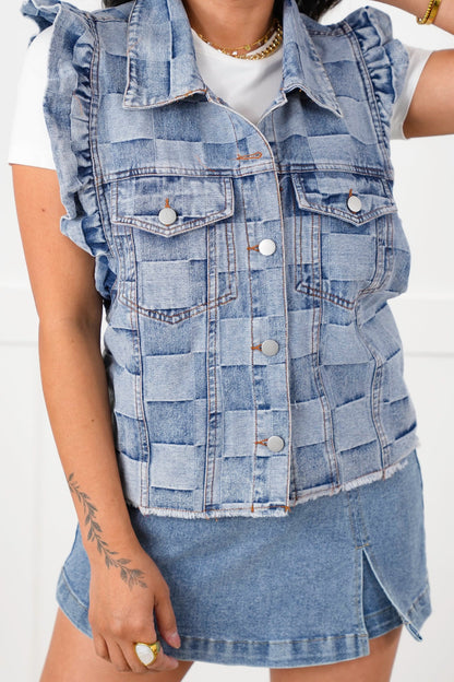 Vintage Wash Gingham Button Down Vest with Ruffle Detail