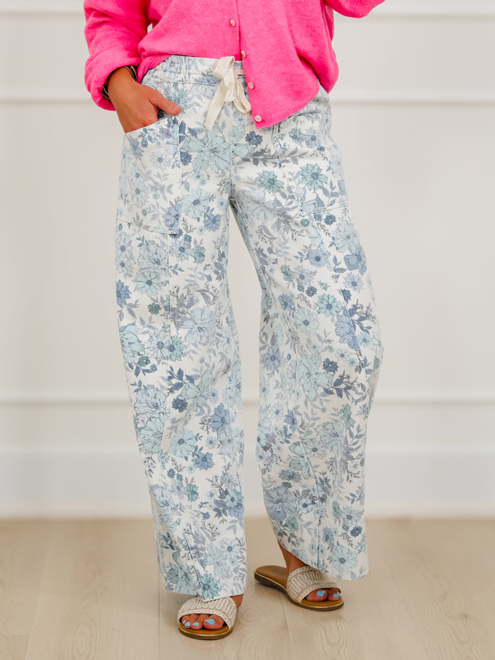 Blue Floral Print Elastic Waist Twill Wide Leg Pants