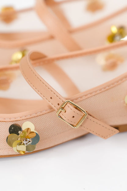 Elegant Mesh Mary Jane Flats with Gold Floral Embellishments