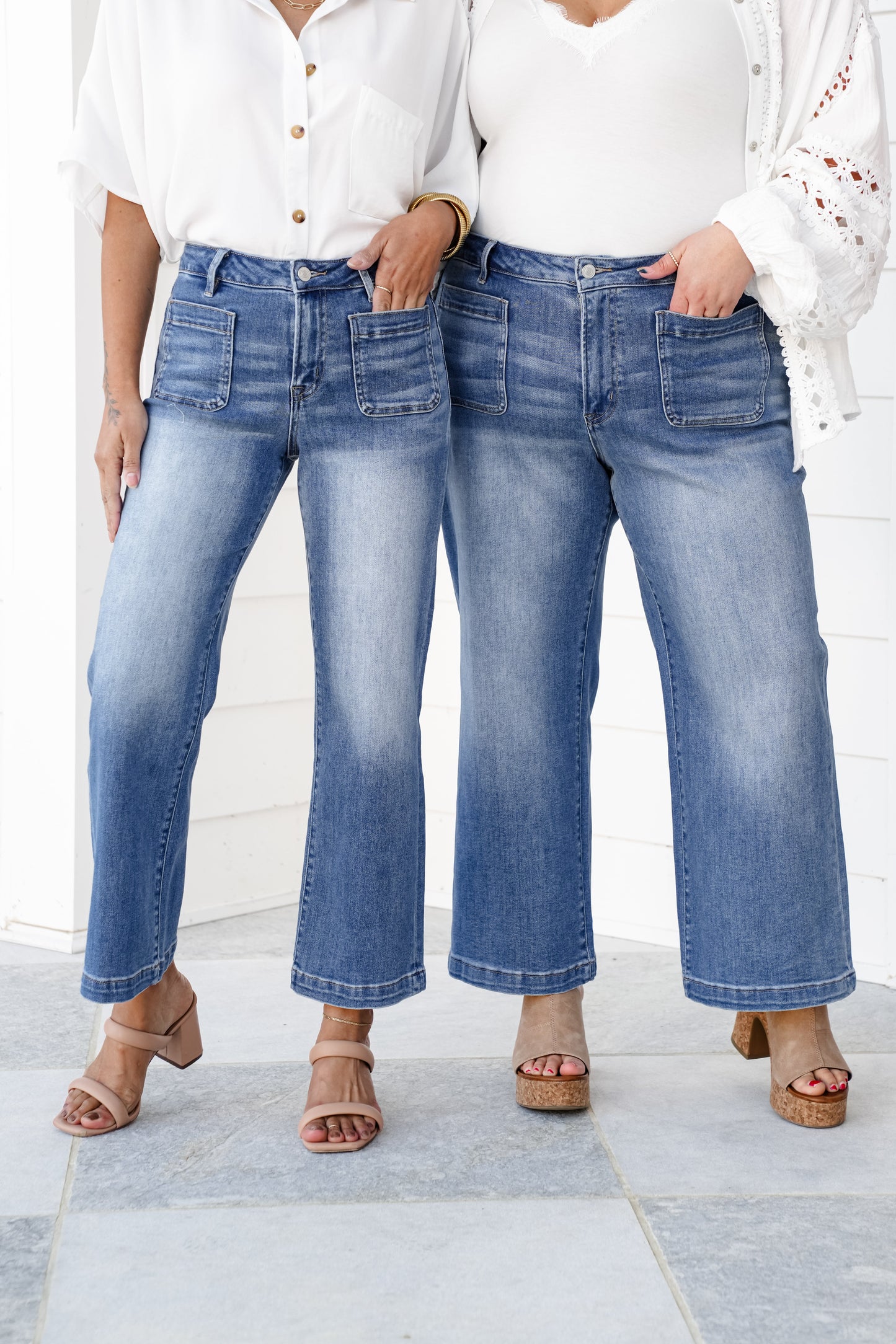 Mica High Rise Medium Wash Cropped Wide Leg Jeans with Patch Pockets