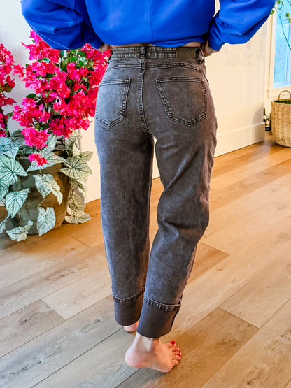 Saige High Rise Brown Tummy Control Barrel Jeans With Elastic Waistband