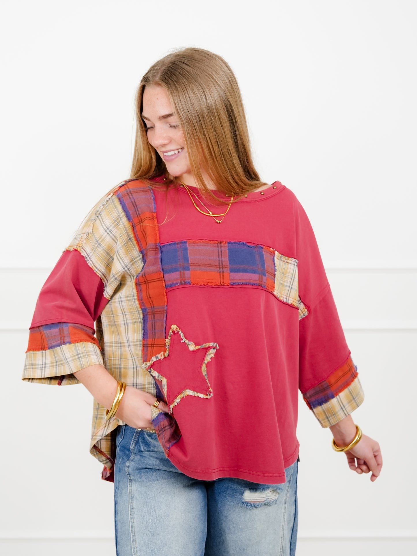 Plaid Mixed 3/4 Sleeve Top with Star Patch