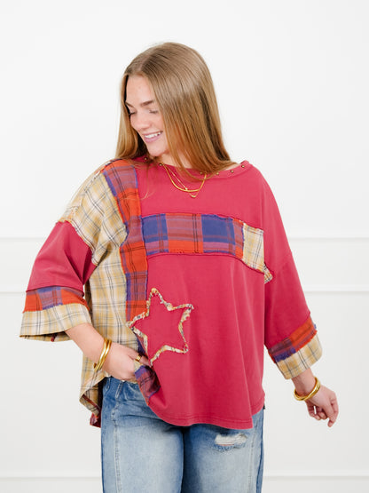 Plaid Mixed 3/4 Sleeve Top with Star Patch