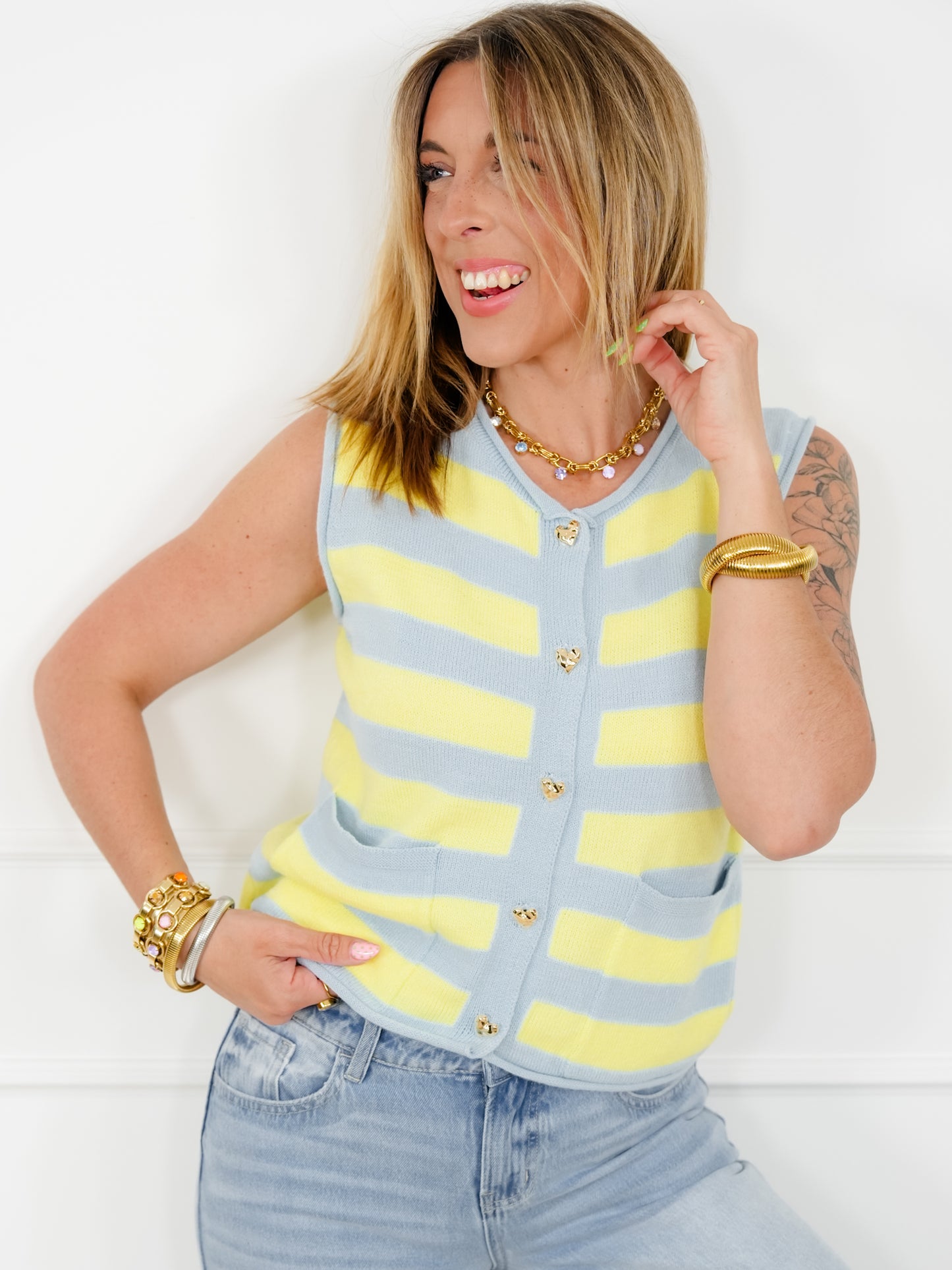 Stripe Sweater Vest with Heart Buttons