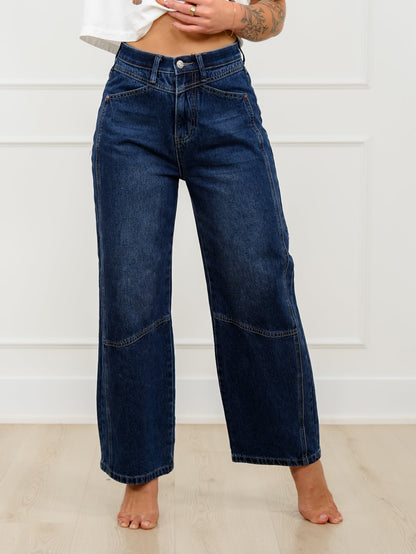 Saige High Rise Dark Wash Tummy Control Low Curve Barrel Jeans