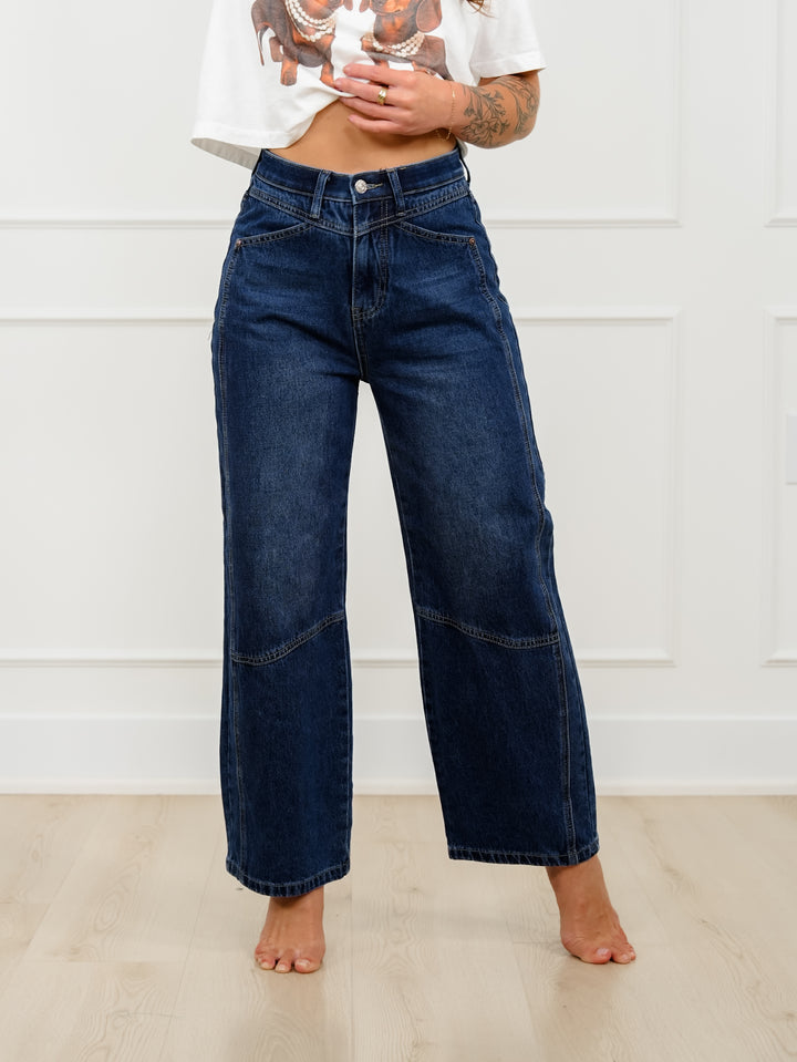 Saige High Rise Dark Wash Tummy Control Low Curve Barrel Jeans