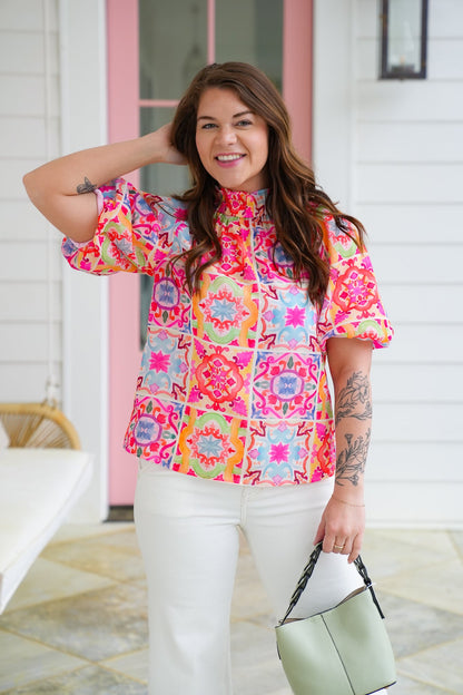 Multi Color Print Short Puff Sleeve Top with A Button Up Back