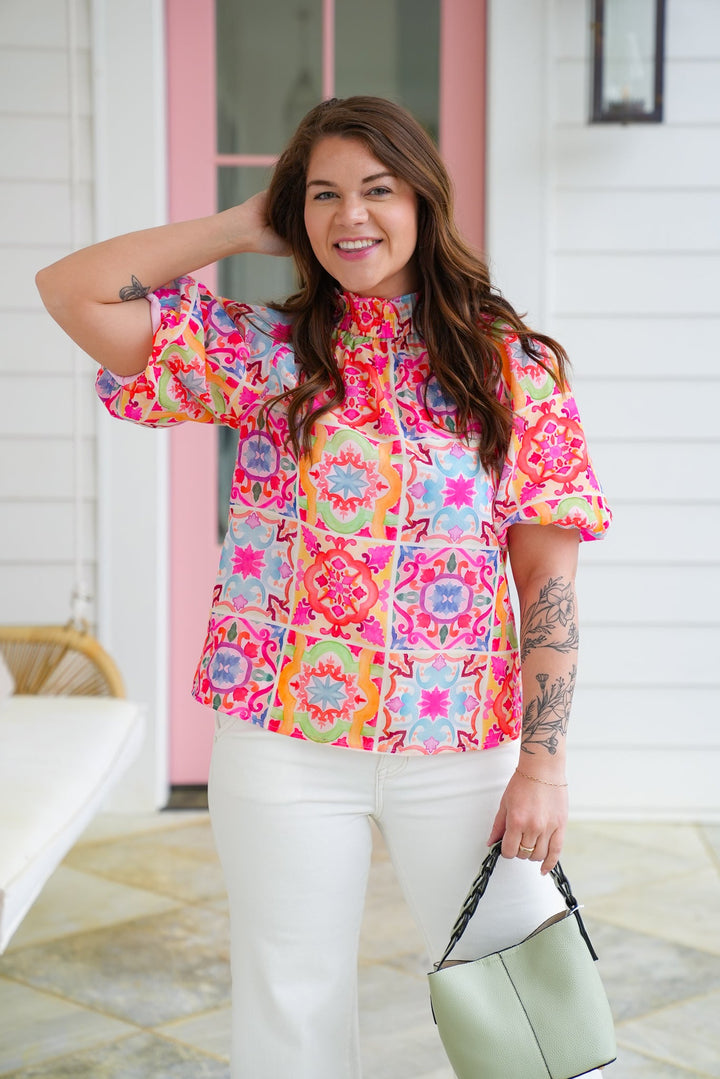 Multi Color Print Short Puff Sleeve Top with A Button Up Back