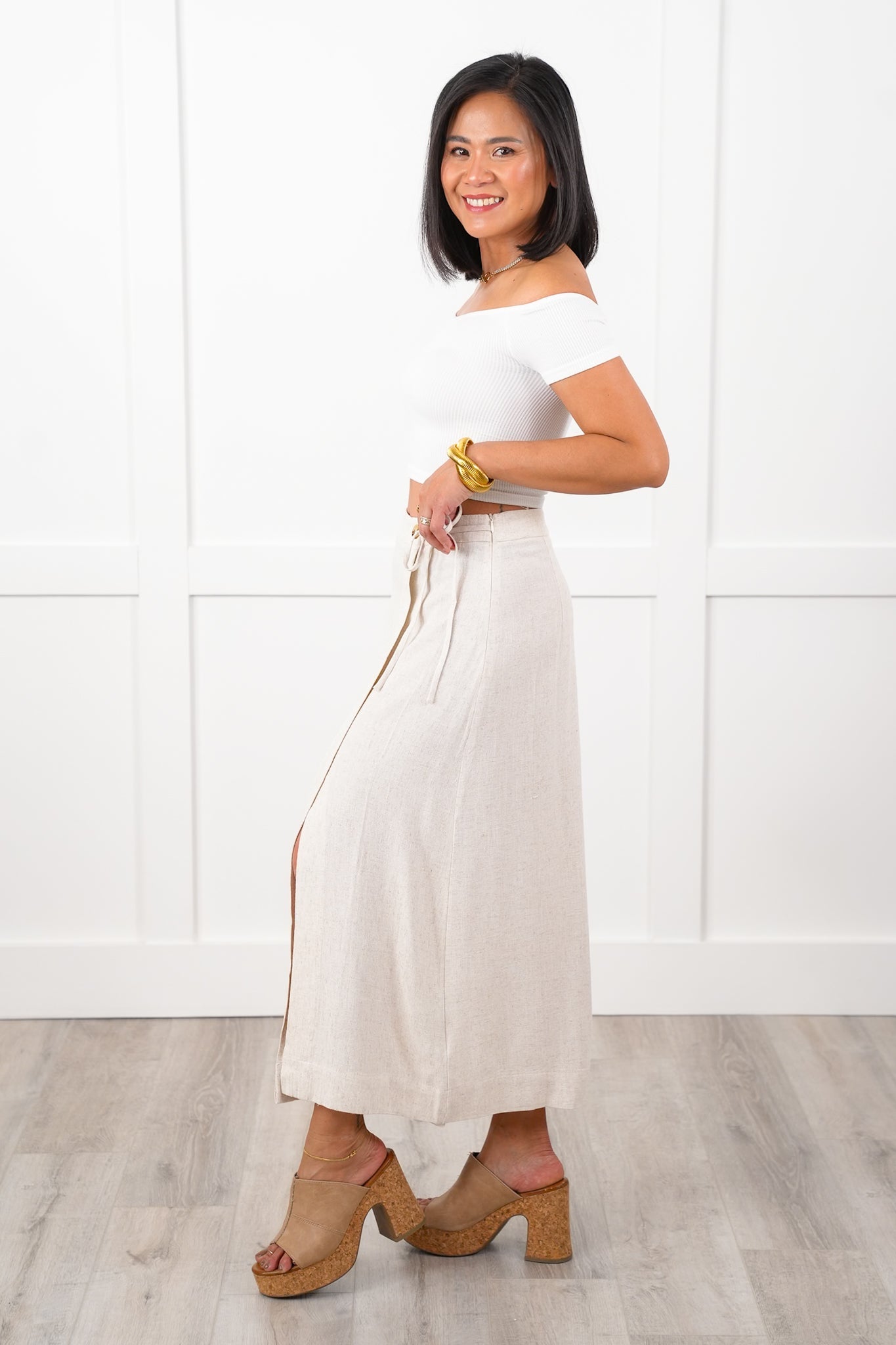 Linen Side Tie Midi Skirt with Front Slit Detail
