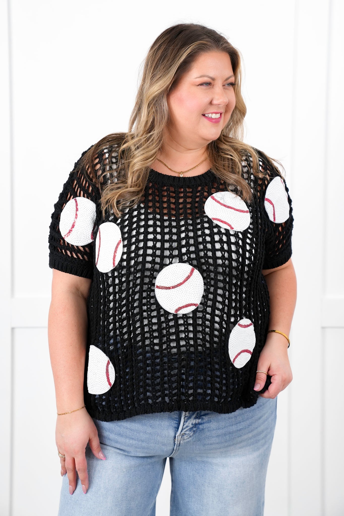 Loose Knit Short Sleeve Sweater with Sequin Baseball Patch Detail