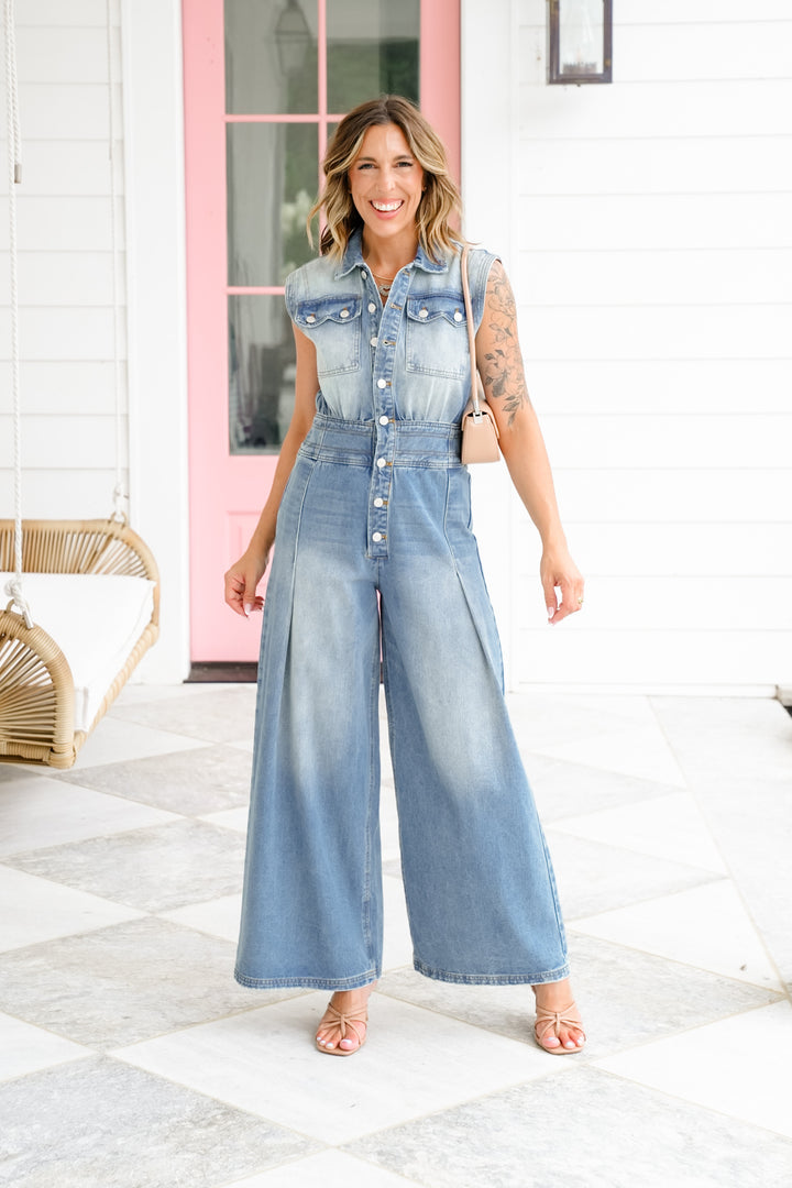 Sleeveless Button Up Wide Leg Jumpsuit