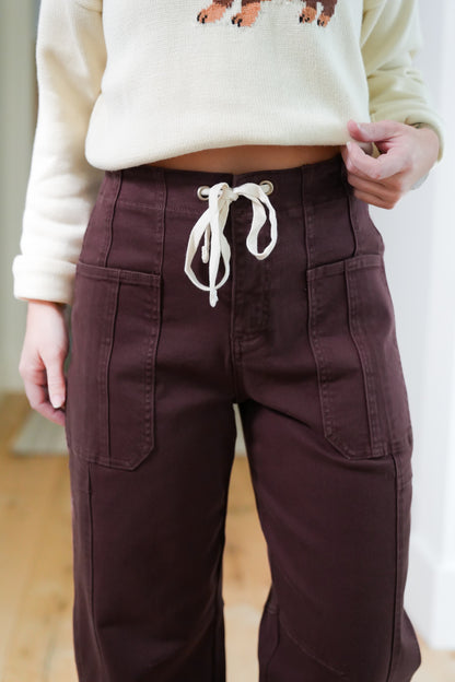 Risen High Rise Brown Wide Leg Barrel Cargo Jeans with Cuff