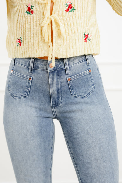 Judy Blue Sunday Stroll Mid Rise Medium Wash Bootcut Jeans with Front Patch Pockets