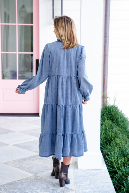 Long Sleeve Smock Neck Tiered Maxi Dress