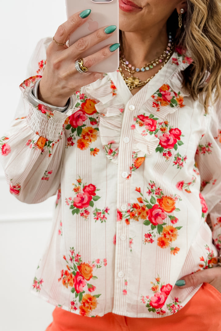 Floral & Stripe Print Long Sleeve Button Up Blouse