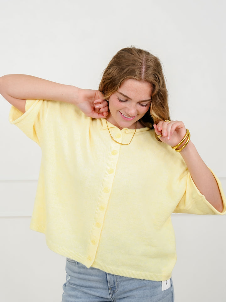 Short Sleeve Button Down Cardigan with Raw Edge