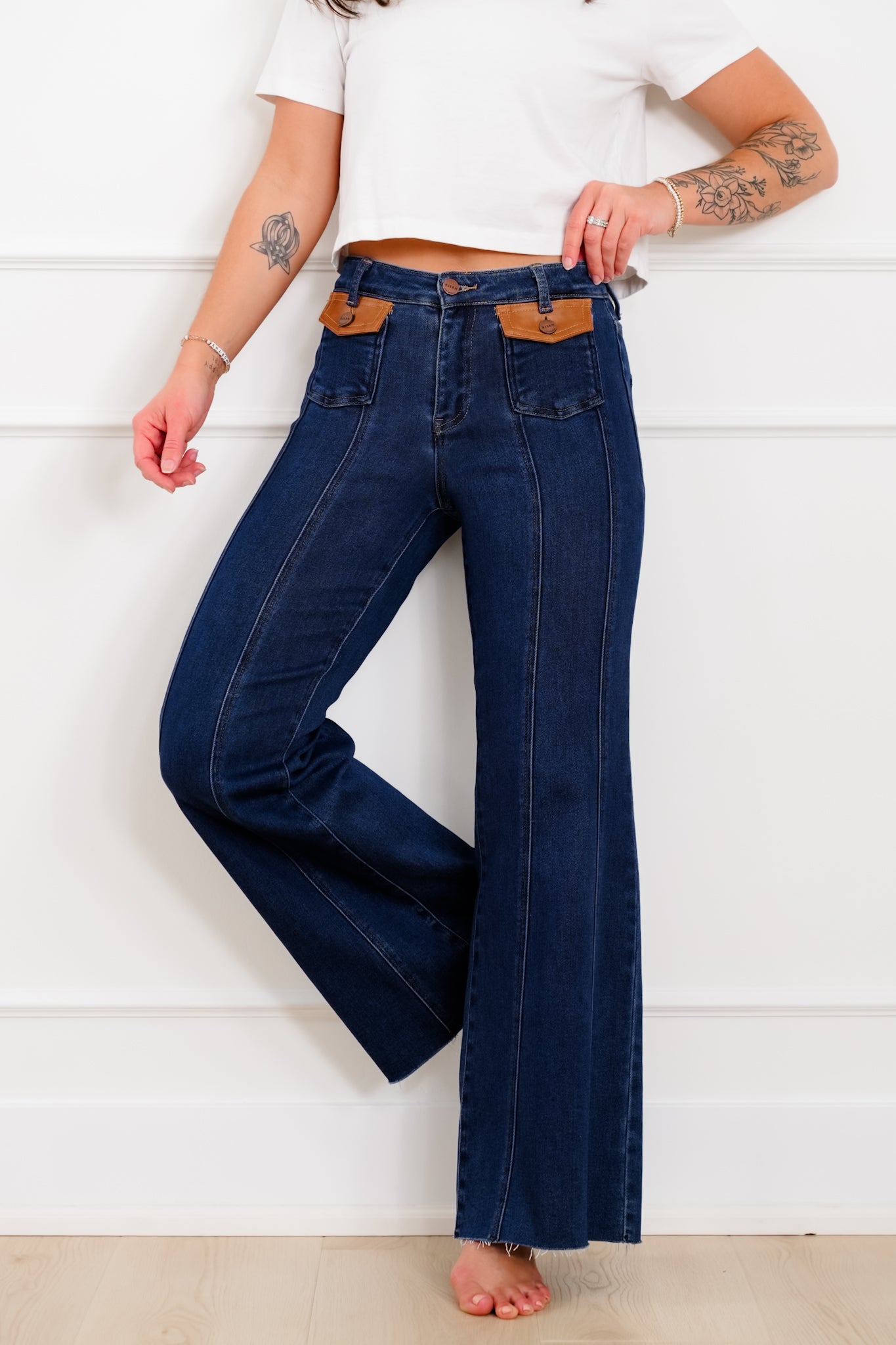 Risen High Rise Dark Wash Wide Flare Jeans with Leather Pocket Flap